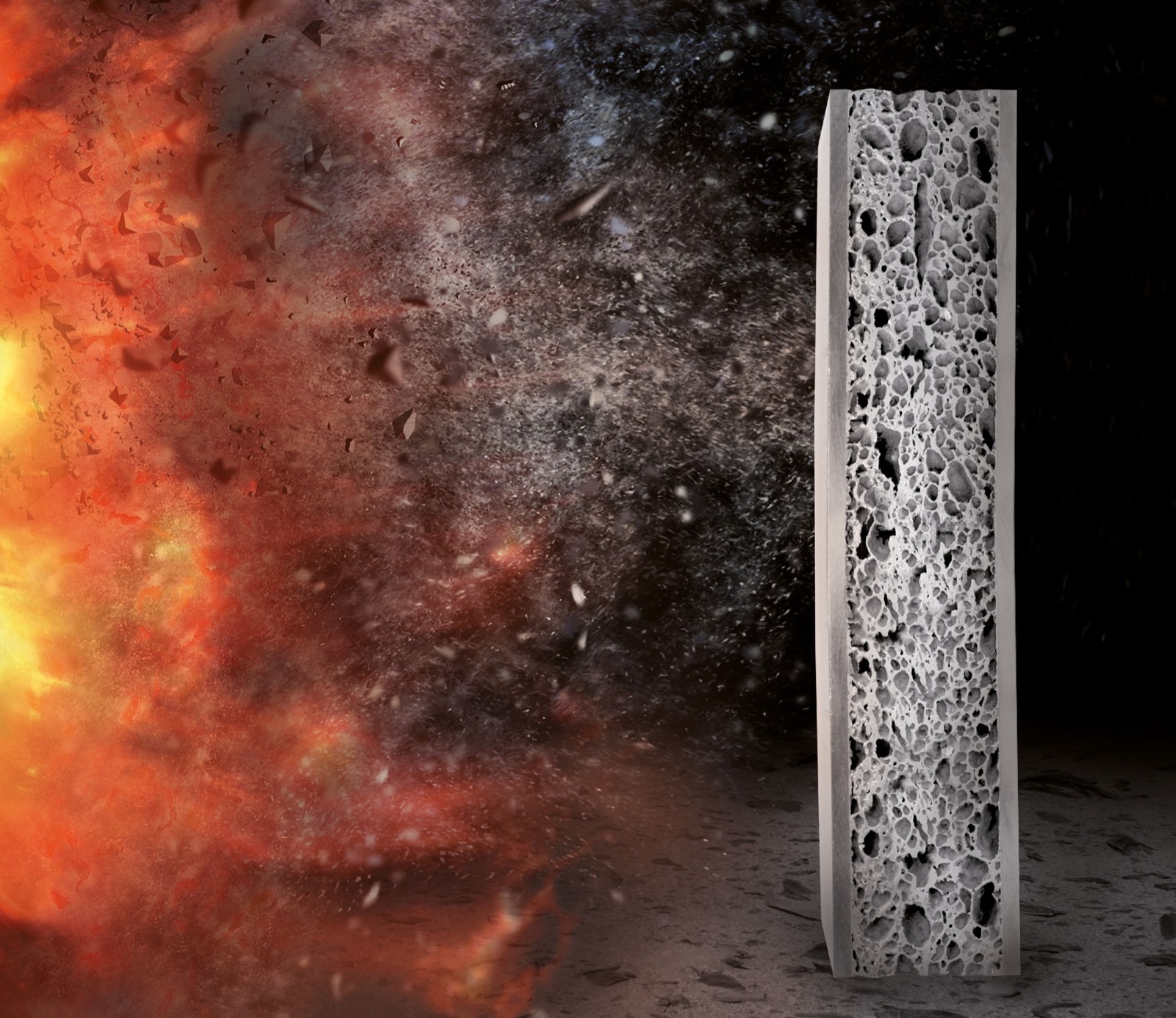 Schematische Darstellung: rechts im Bild ein aufrecht stehendes Sandwichpaneel im Anschnitt, sodass der Aluminiumschaumkern zwischen zwei Decklagen sichtbar ist; links davon eine dargestellte Explosionswolke.