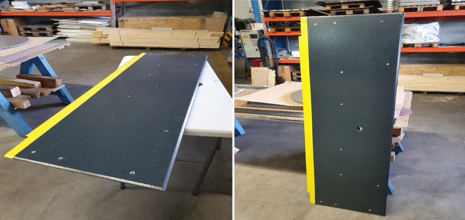 Zwei Werkstattaufnahmen derselben Trittstufe: eine längliche Platte mit dunkler, rutschhemmender Oberfläche, gelber Kantenmarkierung und versenkten Schraubenlöchern. An der Schnittkante ist der Aluminiumschaumkern zu sehen.